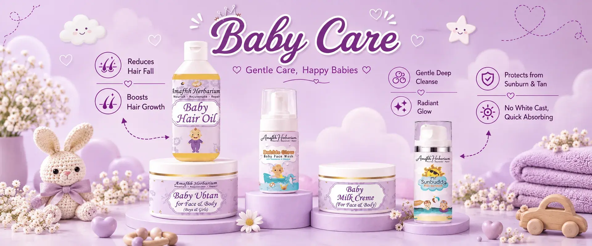 Baby Care — gentle care, happy babies. Baby hair oil, ubtan, milk creme, Bubble Glow face wash and Mr Sunbuddy kids sunblock. Shop baby care.